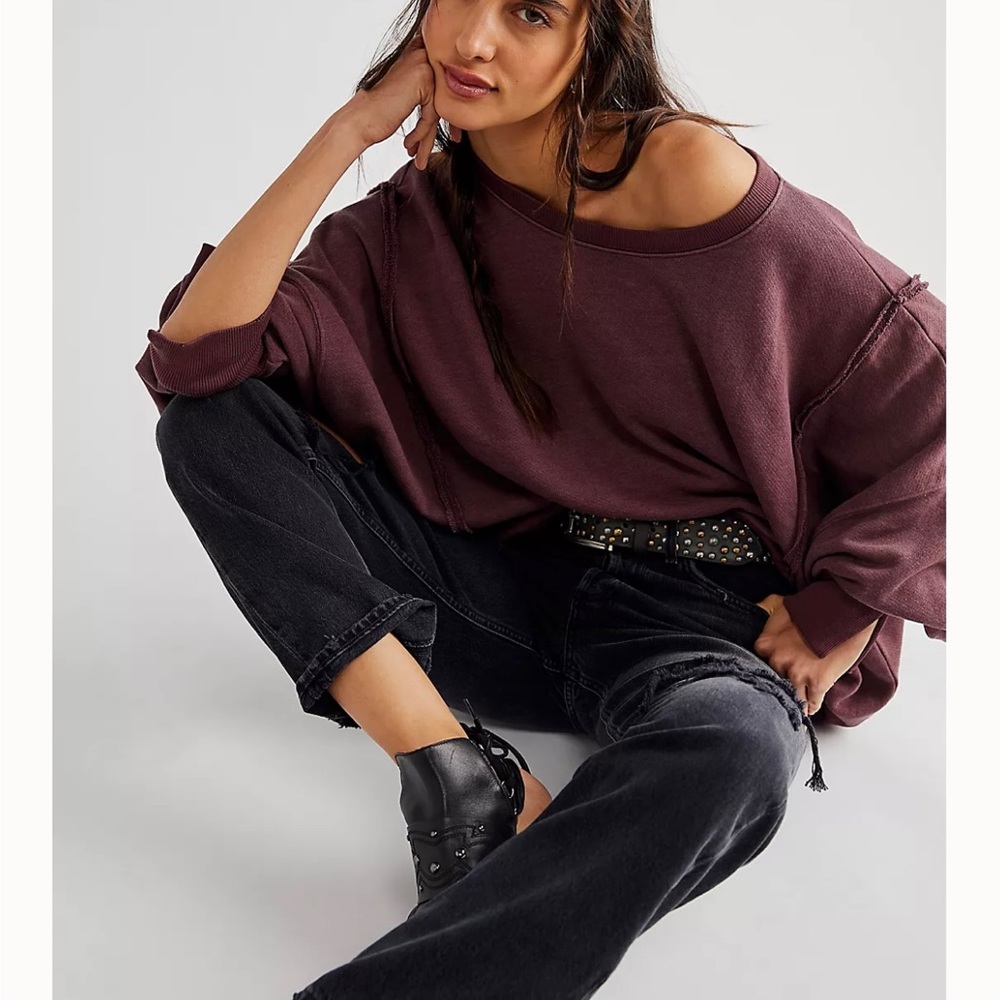 ♥️ NWOT Free People Camden Sweatshirt Pullover in Chocolate/Brandywine M ♥️$78 - Picture 2 of 7